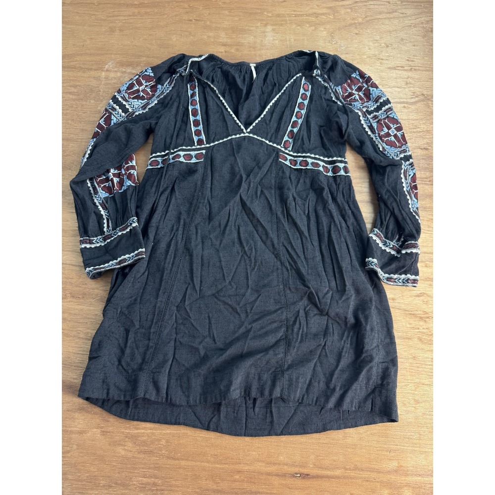 Free People All My Life Embroidered Shift Dress Women's S Black Boho Festival